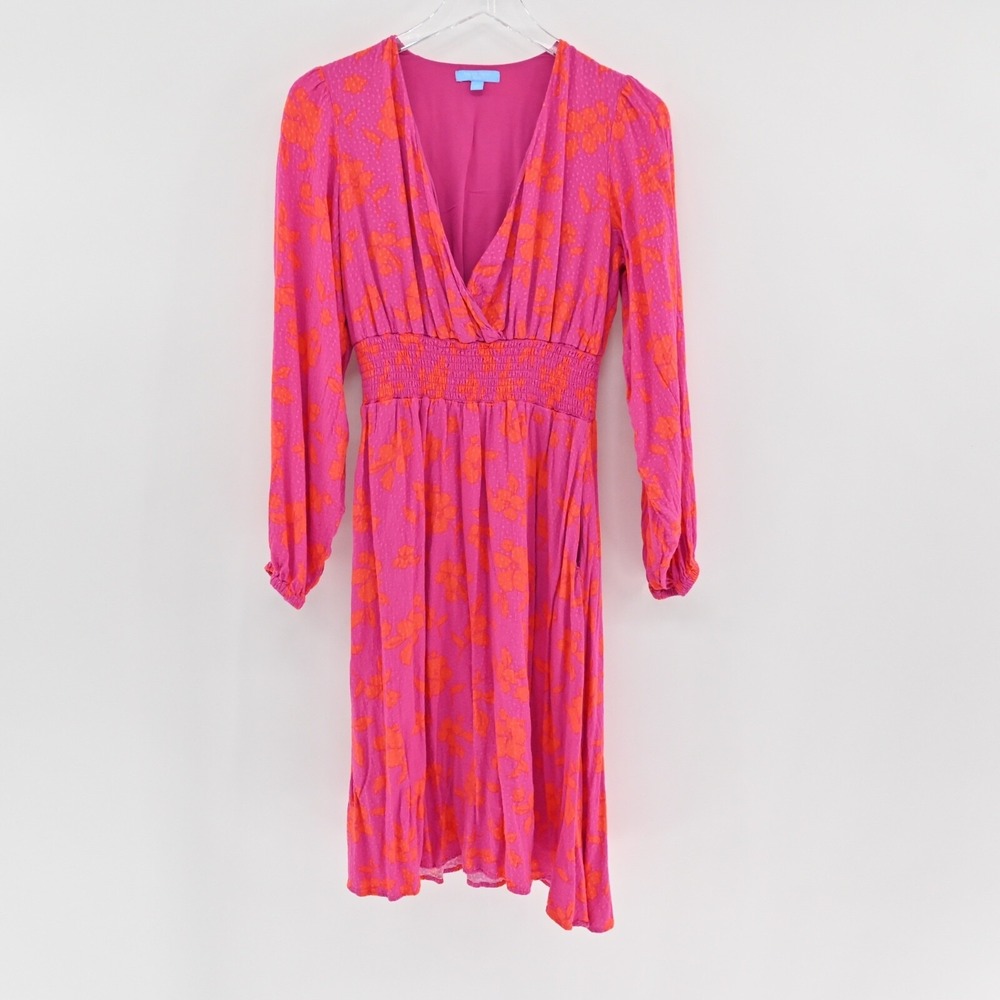 DRAPER JAMES Dress Size S Pink Orange Floral Smocked V Neck Balloon Long Sleeve - Picture 2 of 14